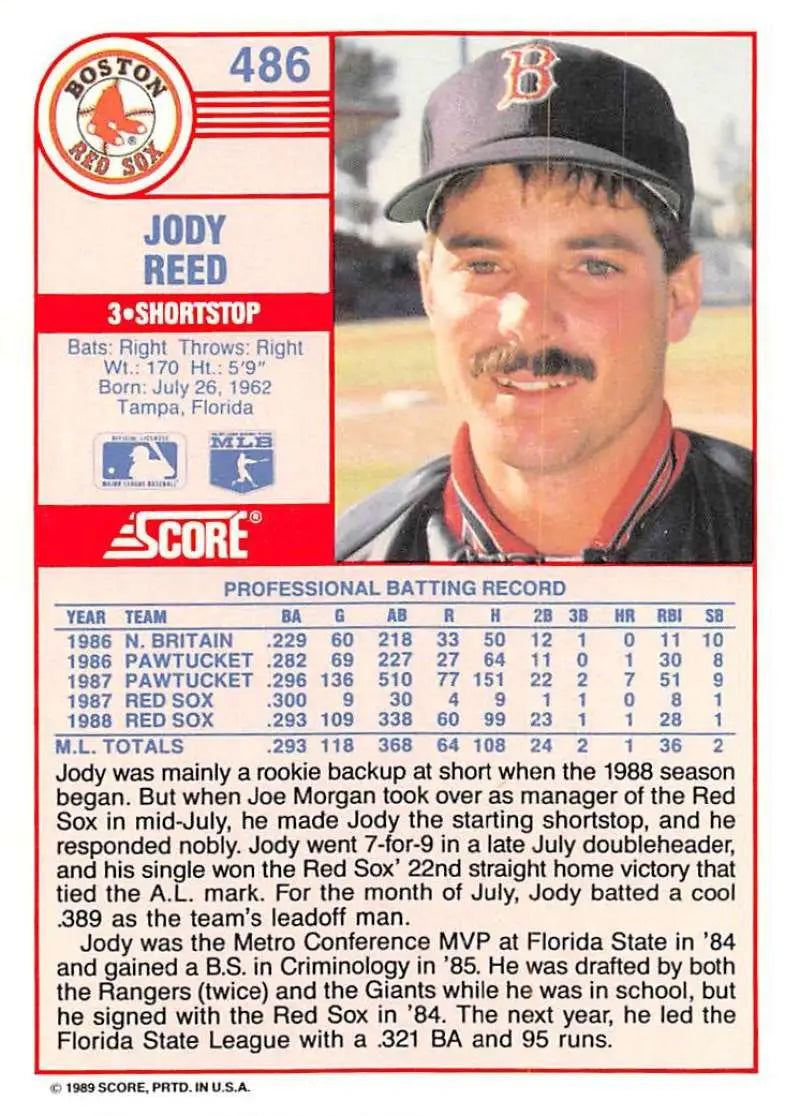 1989 Score #486 Jody Reed NM-MT Boston Red Sox Baseball Card