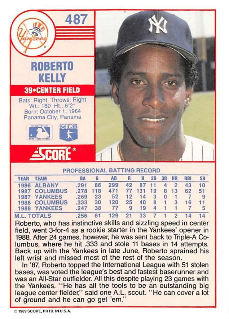 1989 Score #487 Roberto Kelly NM-MT New York Yankees Baseball Card - Baseball Card Single