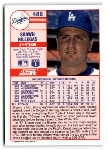 1989 Score #488 Shawn Hillegas EX/NM Dodgers ID:66794 - Baseball Card Single