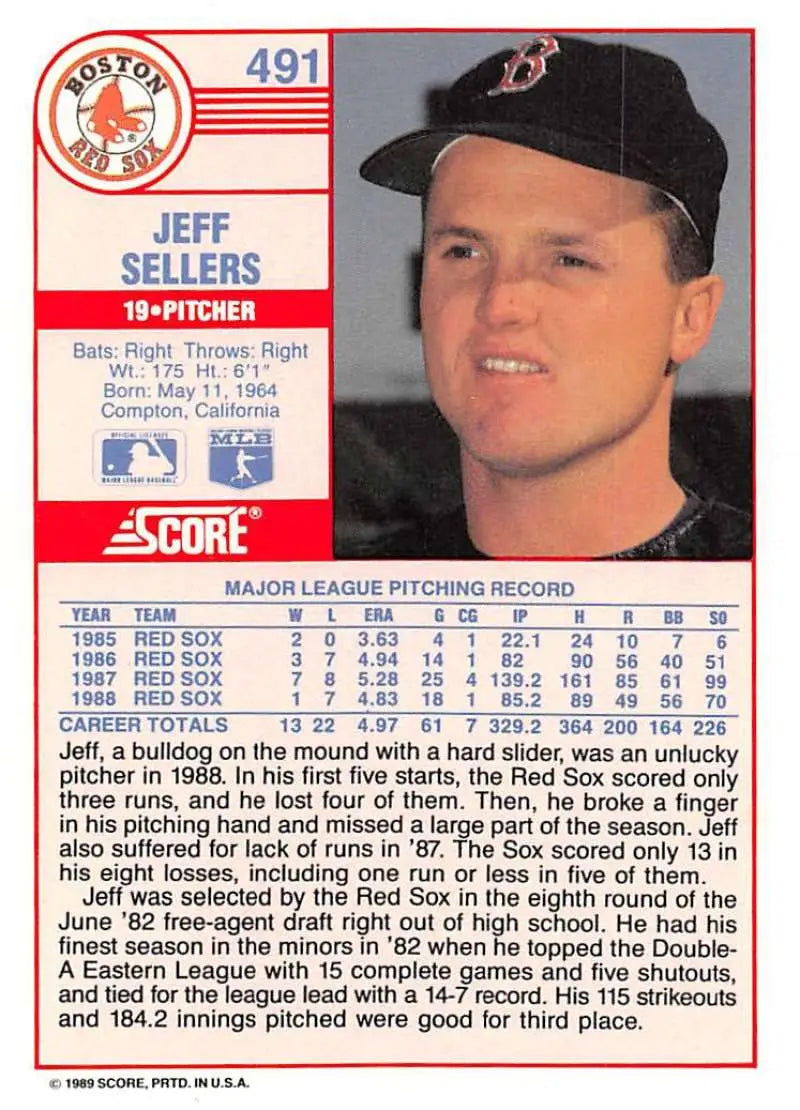 1989 Score #491 Jeff Sellers NM-MT Boston Red Sox Baseball Card - Baseball Card Single