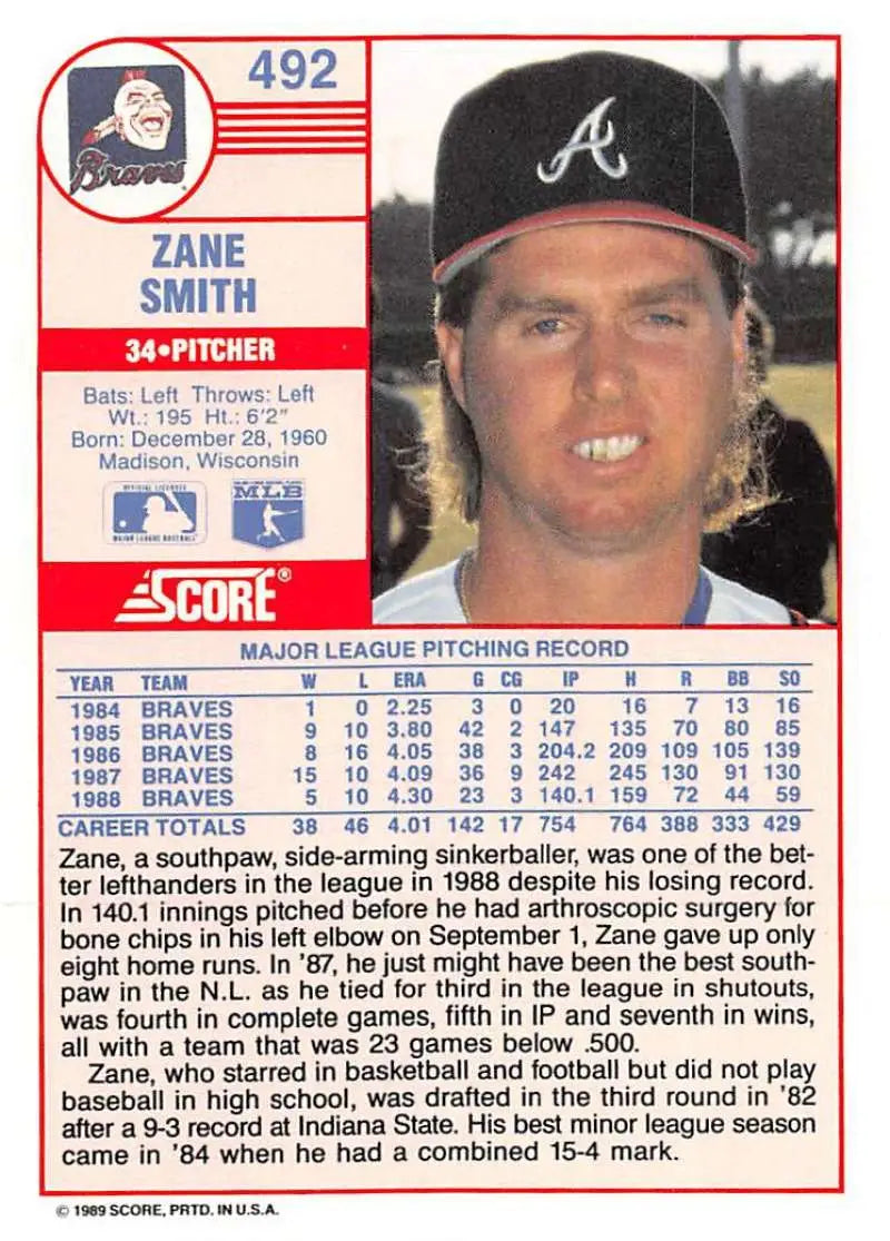 1989 Score #492 Zane Smith NM-MT Atlanta Braves Baseball Card - Baseball Card Single
