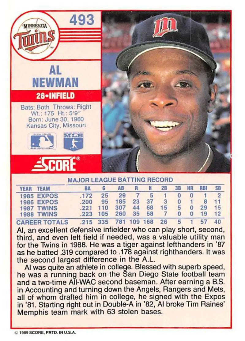 1989 Score #493 Al Newman NM-MT Minnesota Twins Baseball Card - Baseball Card Single