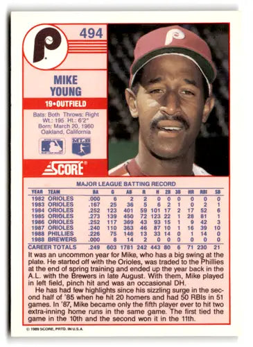 1989 Score #494 Mike Young EX/NM Phillies ID:66810 - Baseball Card Single