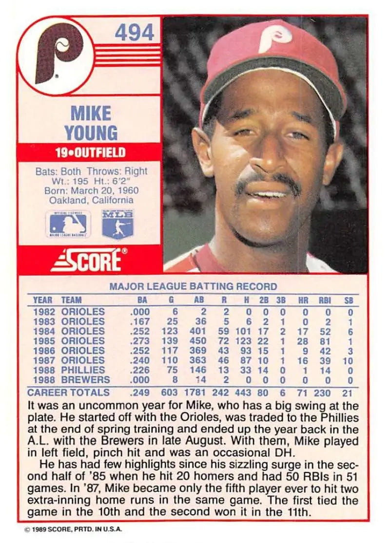 1989 Score #494 Mike Young NM-MT Philadelphia Phillies Baseball Card - Baseball Card Single