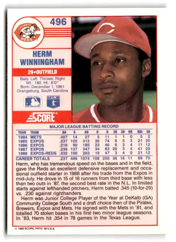1989 Score #496 Herm Winningham EX/NM Reds ID:66791 - Baseball Card Single