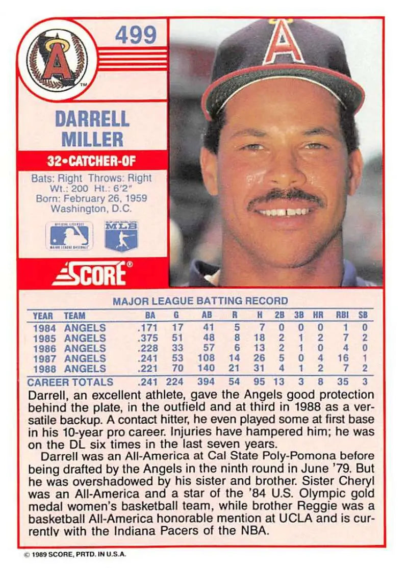 1989 Score #499 Darrell Miller NM-MT California Angels Baseball Card - Baseball Card Single