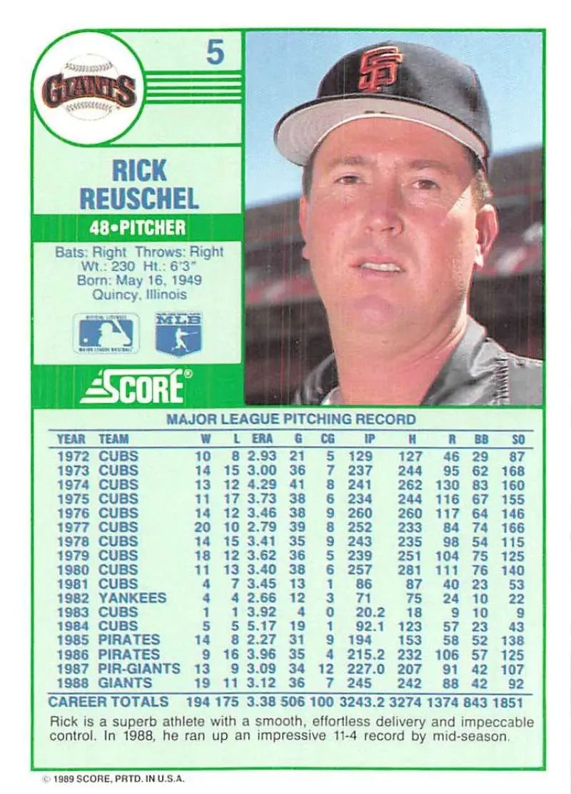 1989 Score #5 Rick Reuschel NM-MT San Francisco Giants Baseball Card - Baseball Card Single