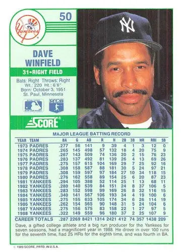 1989 Score #50 Dave Winfield NM-MT Yankees ID:80264 - Baseball Card Single