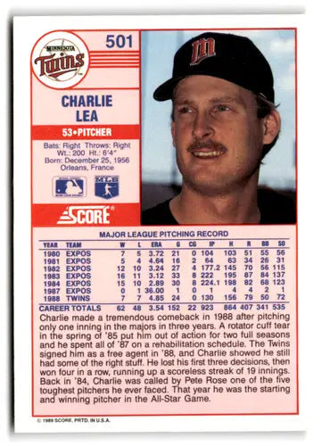 1989 Score #501 Charlie Lea EX/NM Twins ID:66790 - Baseball Card Single