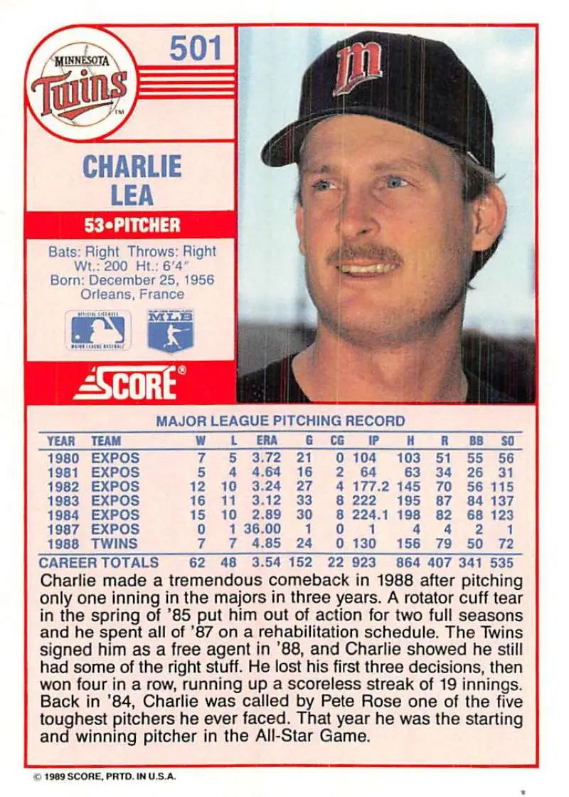 1989 Score #501 Charlie Lea NM-MT Minnesota Twins Baseball Card - Baseball Card Single