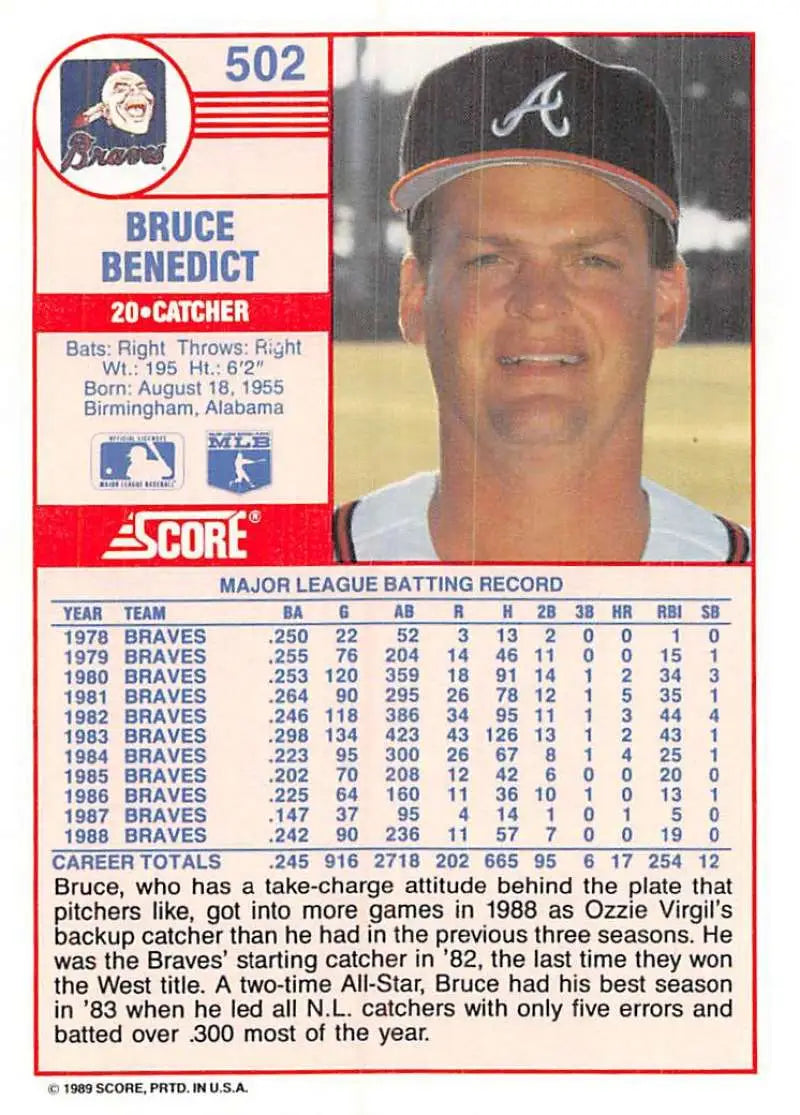 1989 Score #502 Bruce Benedict NM-MT Atlanta Braves Baseball Card - Baseball Card Single