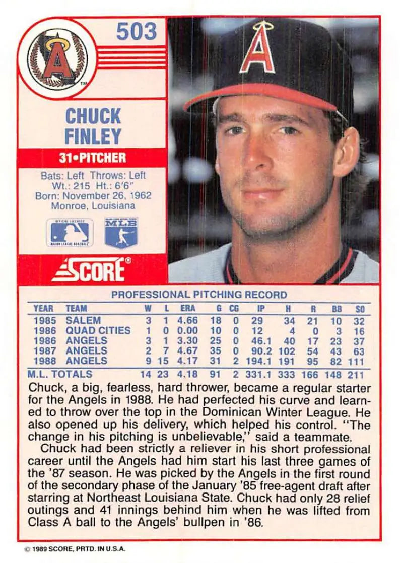 1989 Score #503 Chuck Finley NM-MT California Angels Baseball Card - Baseball Card Single