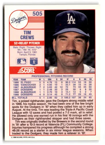 1989 Score #505 Tim Crews EX/NM Dodgers ID:66817 - Baseball Card Single