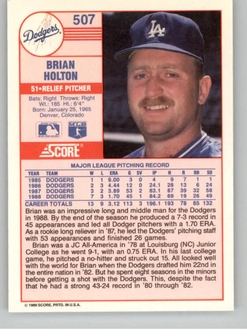 1989 Score #507 Brian Holton NM-MT Los Angeles Dodgers Baseball Card - Baseball Card Single