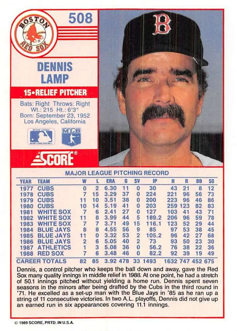 1989 Score #508 Dennis Lamp NM-MT Boston Red Sox Baseball Card - Baseball Card Single