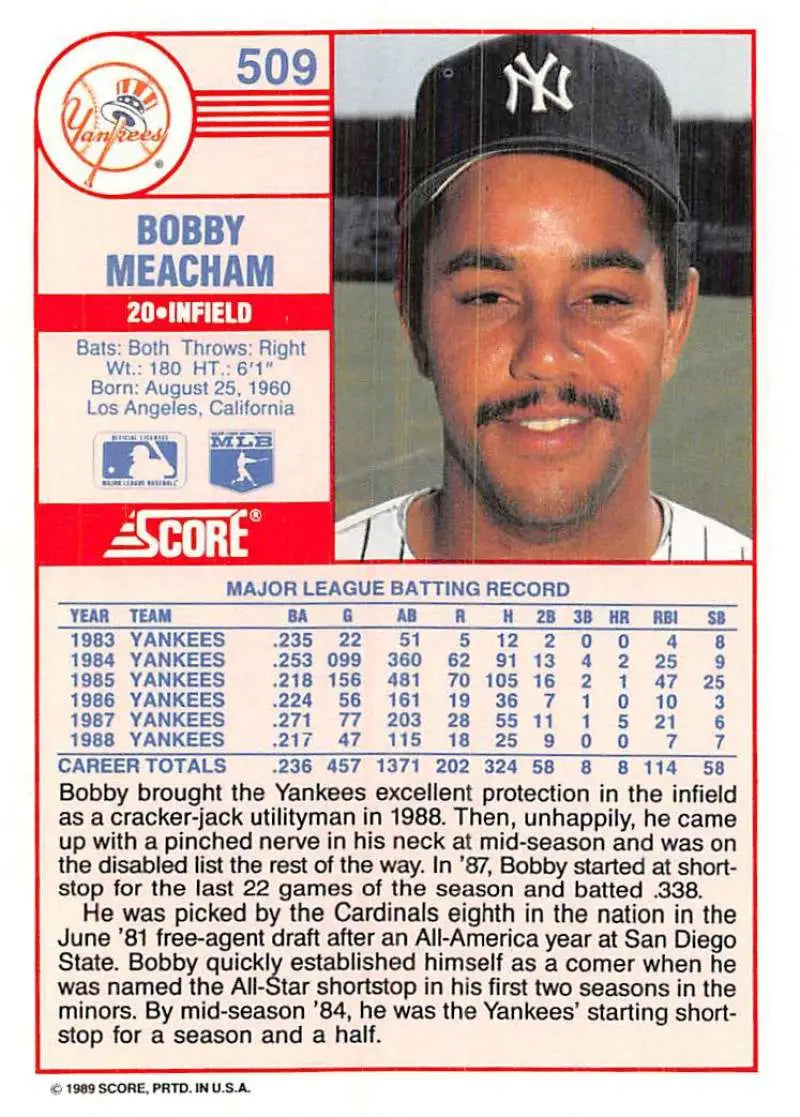 1989 Score #509 Bobby Meacham NM-MT New York Yankees Baseball Card - Baseball Card Single