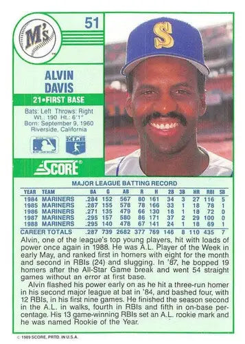1989 Score #51 Alvin Davis NM-MT Mariners ID:80222 - Baseball Card Single