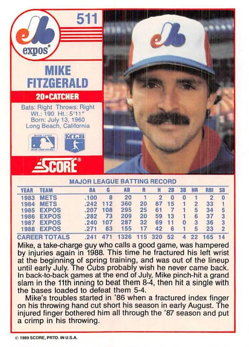 1989 Score #511 Mike Fitzgerald NM-MT Montreal Expos Baseball Card - Baseball Card Single