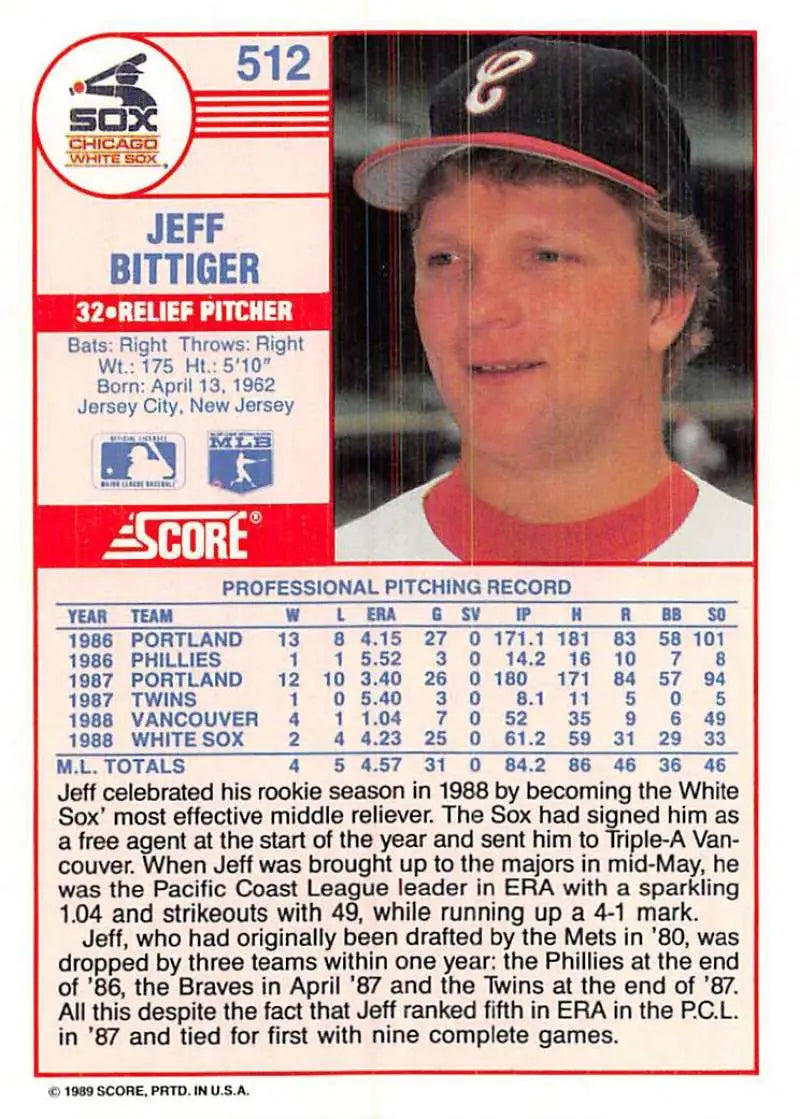1989 Score #512 Jeff Bittiger NM-MT RC Rookie Chicago White Sox Baseball Card - Baseball Card Single