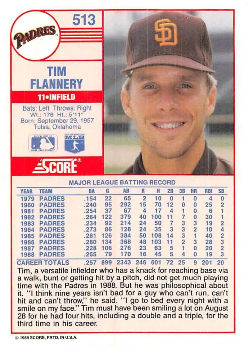1989 Score #513 Tim Flannery NM-MT San Diego Padres Baseball Card - Baseball Card Single