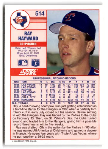 1989 Score #514 Ray Hayward EX/NM Rangers ID:66811 - Baseball Card Single