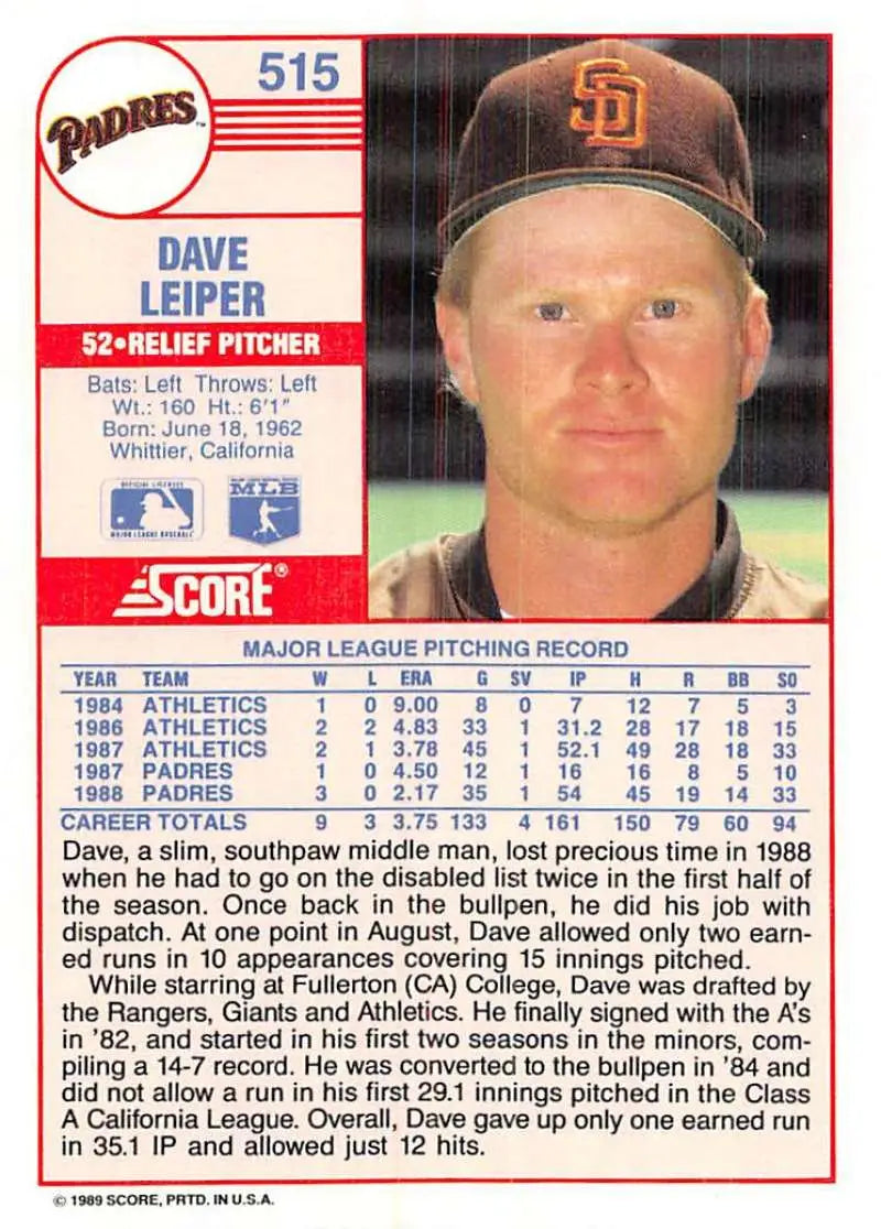 1989 Score #515 Dave Leiper NM-MT San Diego Padres Baseball Card - Baseball Card Single