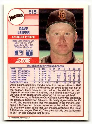 Original gloss 1989 Score Dave Leiper San Diego Padres baseball card for collectors
