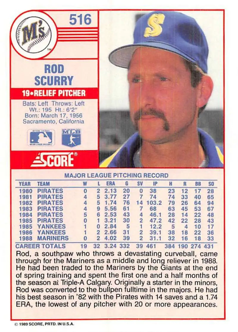 1989 Score #516 Rod Scurry NM-MT Seattle Mariners Baseball Card - Baseball Card Single