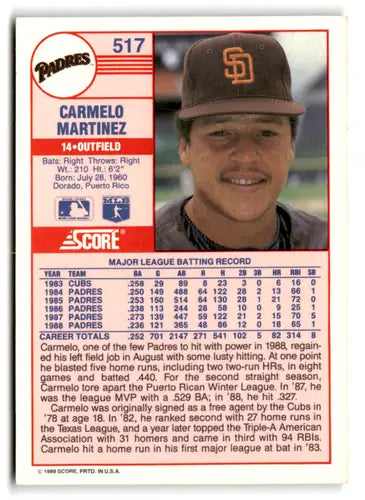 1989 Score #517 Carmelo Martinez EX/NM Padres ID:66756 - Baseball Card Single