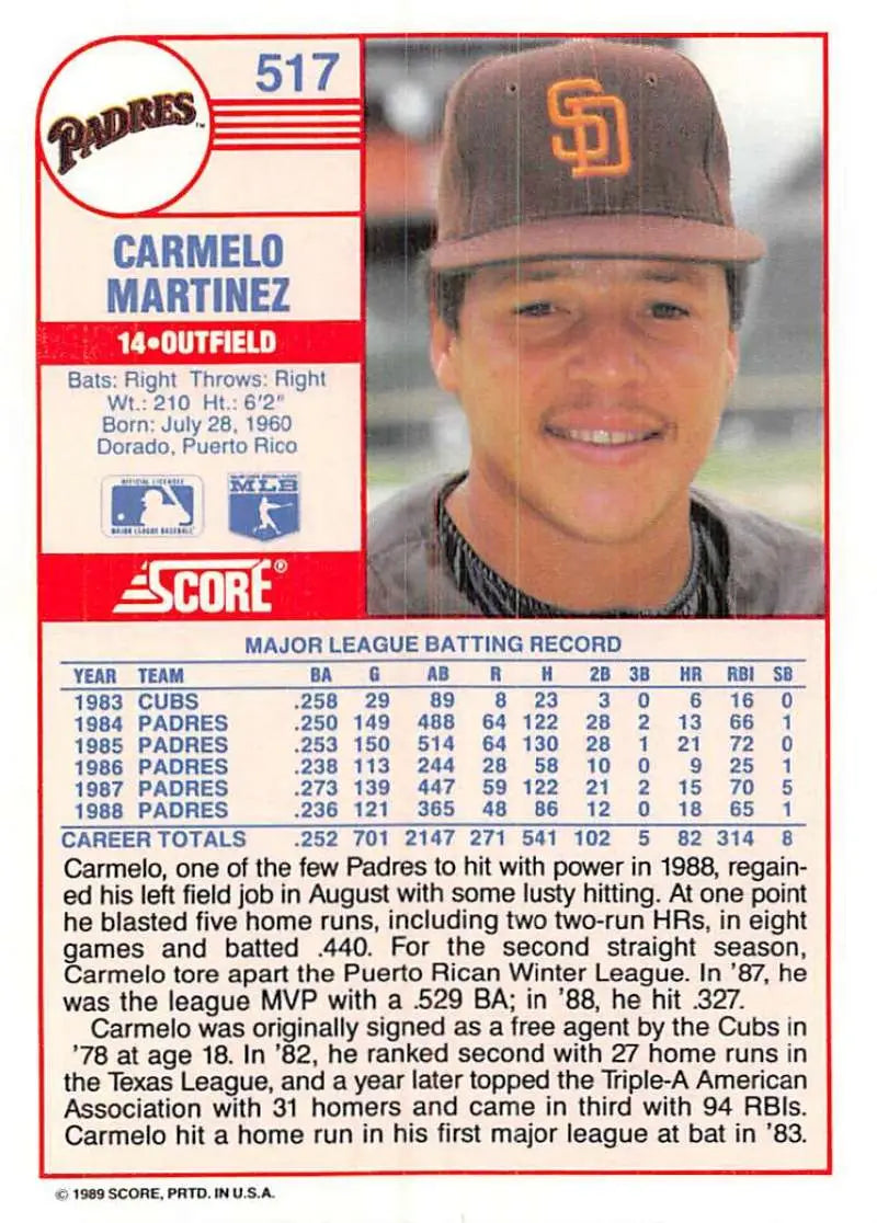 1989 Score #517 Carmelo Martinez NM-MT San Diego Padres Baseball Card - Baseball Card Single