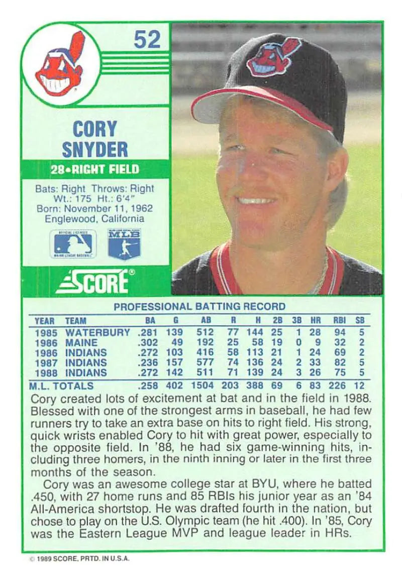 1989 Score #52 Cory Snyder NM-MT Cleveland Indians Baseball Card - Baseball Card Single