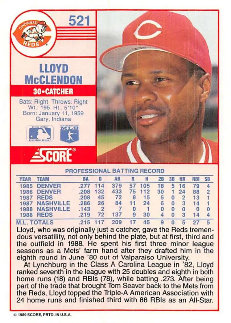 1989 Score #521 Lloyd McClendon NM-MT Cincinnati Reds Baseball Card - Baseball Card Single