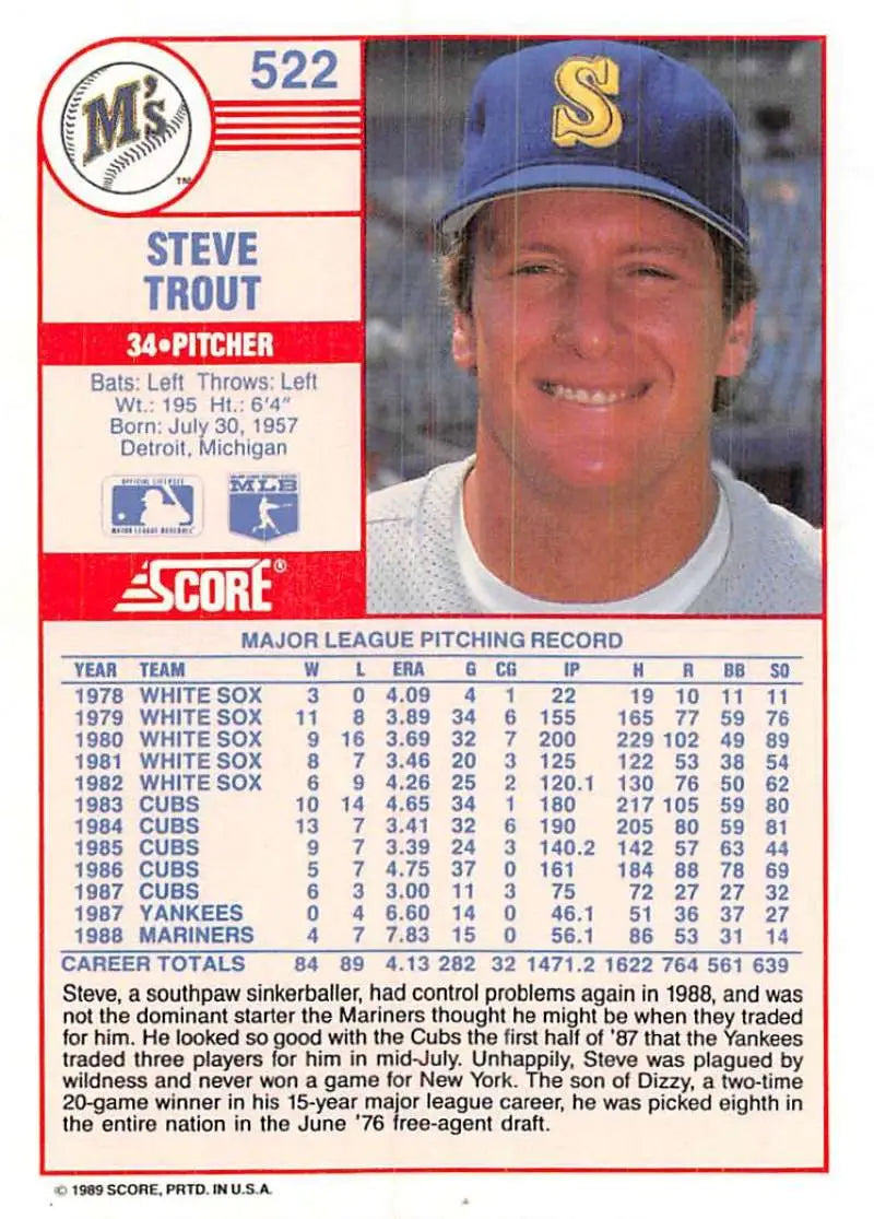 1989 Score #522 Steve Trout NM-MT Seattle Mariners Baseball Card - Baseball Card Single