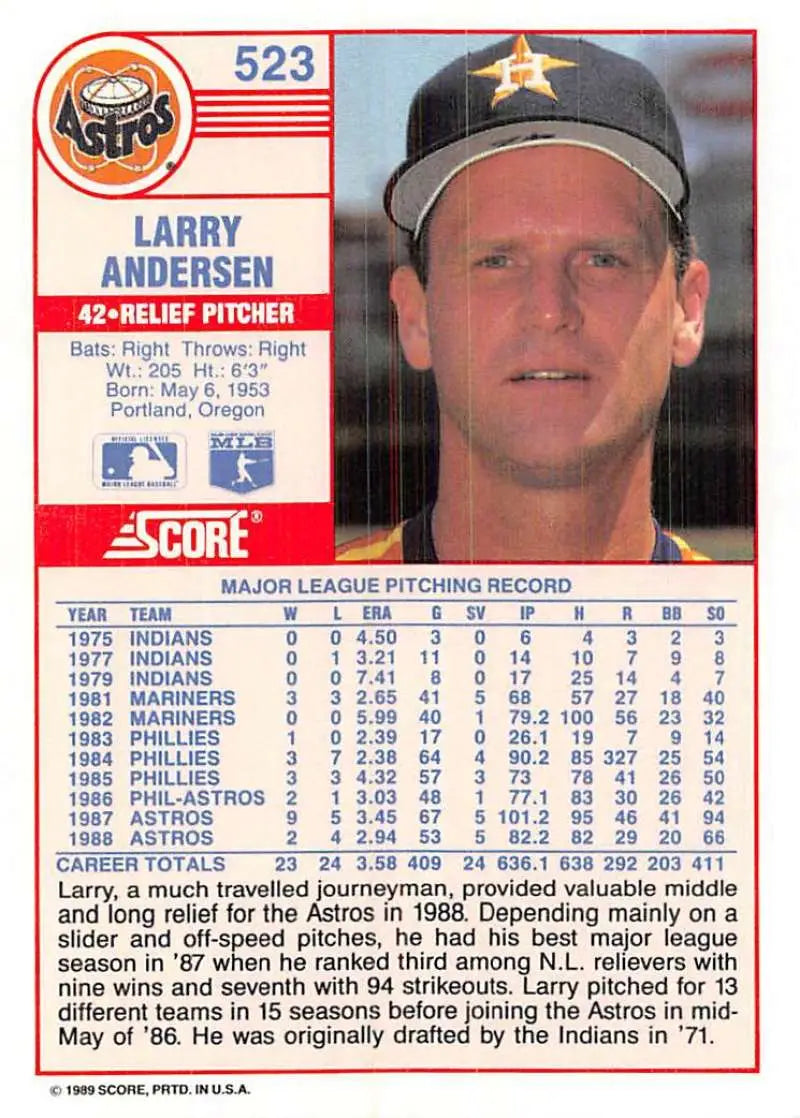1989 Score #523 Larry Andersen NM-MT Houston Astros Baseball Card - Baseball Card Single