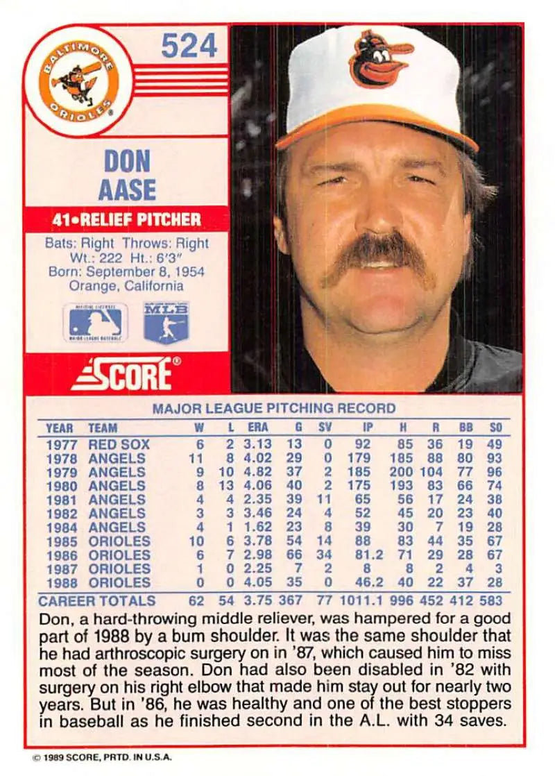 1989 Score #524 Don Aase NM-MT Baltimore Orioles Baseball Card - Baseball Card Single