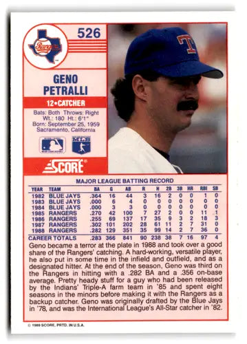 1989 Score #526 Geno Petralli EX/NM Rangers ID:66807 - Baseball Card Single