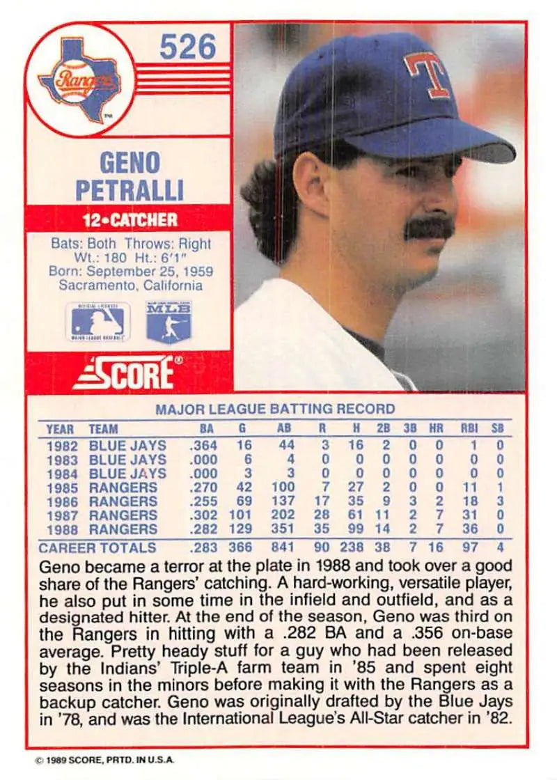 1989 Score #526 Geno Petralli NM-MT Texas Rangers Baseball Card - Baseball Card Single