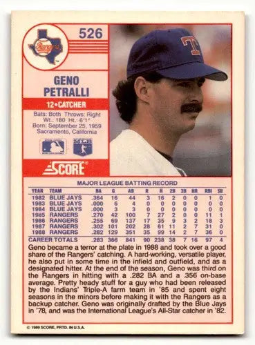 Geno Petralli Texas Rangers baseball card from 1989 Score set showing front view