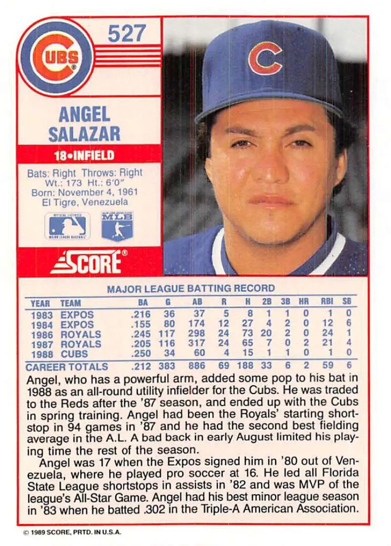 1989 Score #527 Angel Salazar NM-MT Chicago Cubs Baseball Card - Baseball Card Single