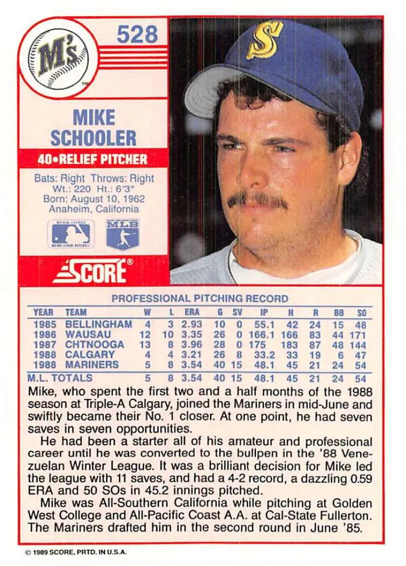 1989 Score #528 Mike Schooler NM-MT Seattle Mariners Baseball Card - Baseball Card Single
