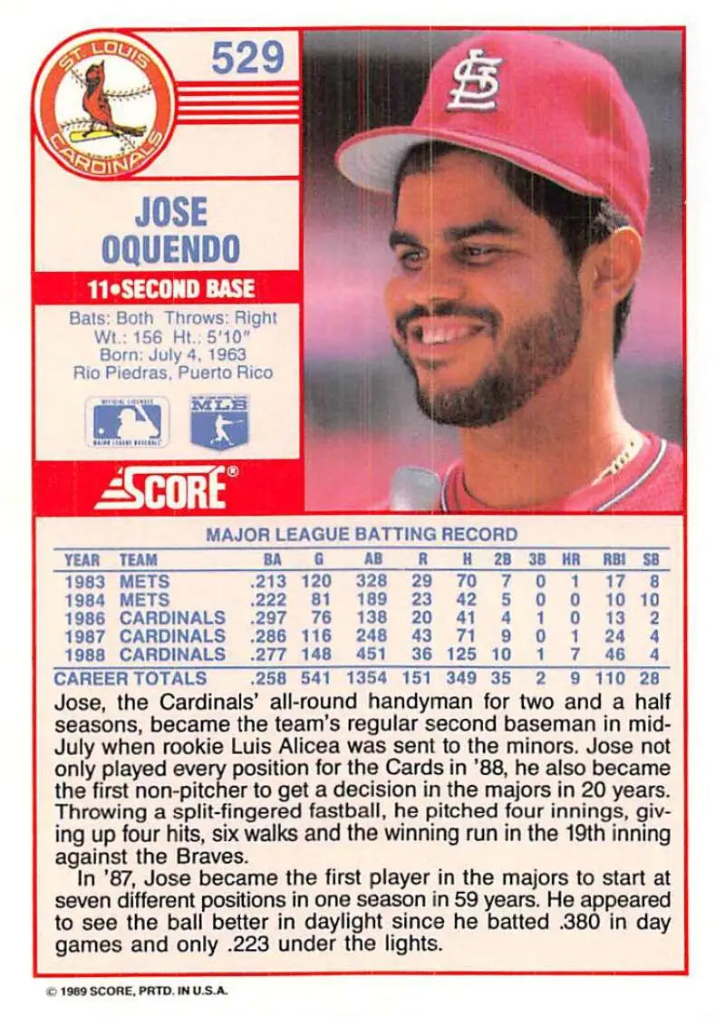 1989 Score #529 Jose Oquendo NM-MT St. Louis Cardinals Baseball Card - Baseball Card Single