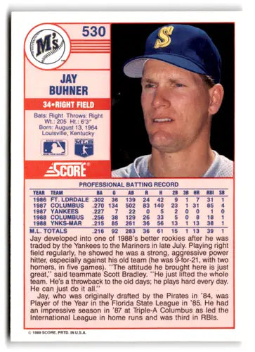 1989 Score #530 Jay Buhner EX/NM Mariners ID:66809 - Baseball Card Single