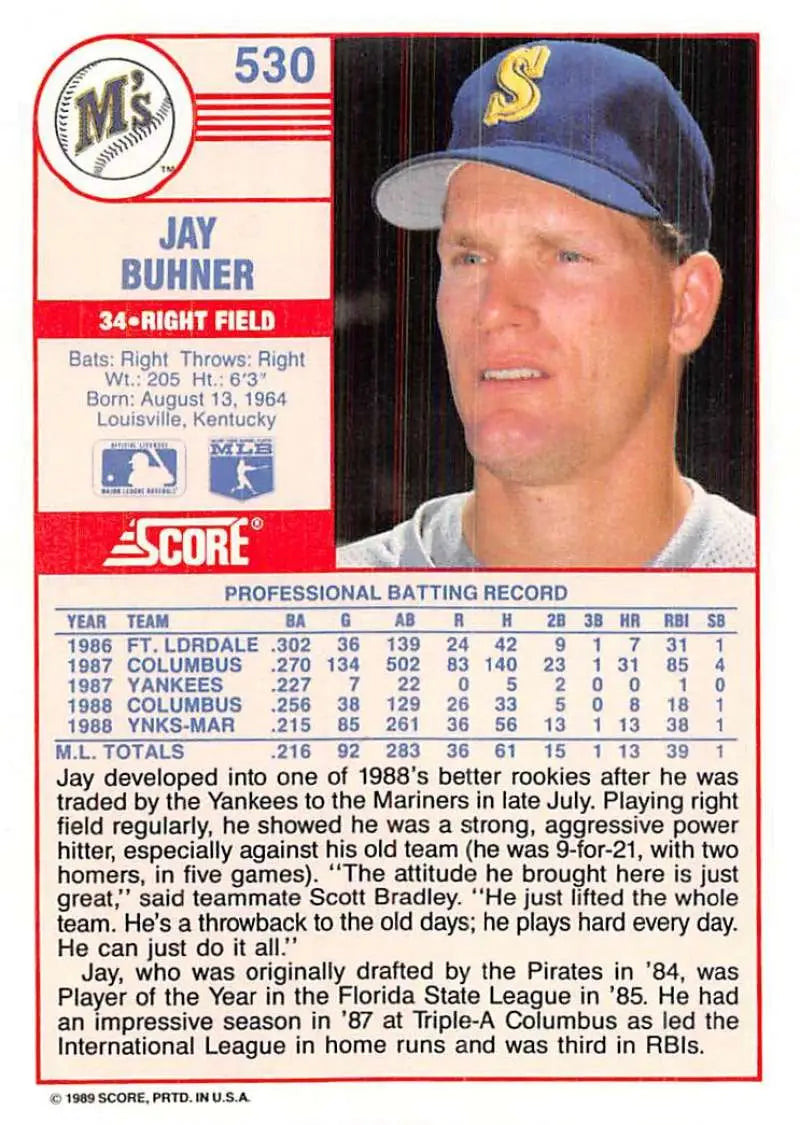 1989 Score #530 Jay Buhner NM-MT Seattle Mariners Baseball Card - Baseball Card Single
