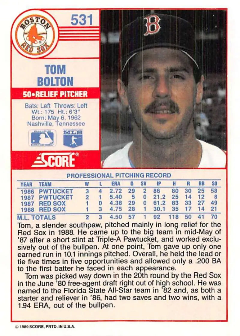 1989 Score #531 Tom Bolton NM-MT Boston Red Sox Baseball Card - Baseball Card Single