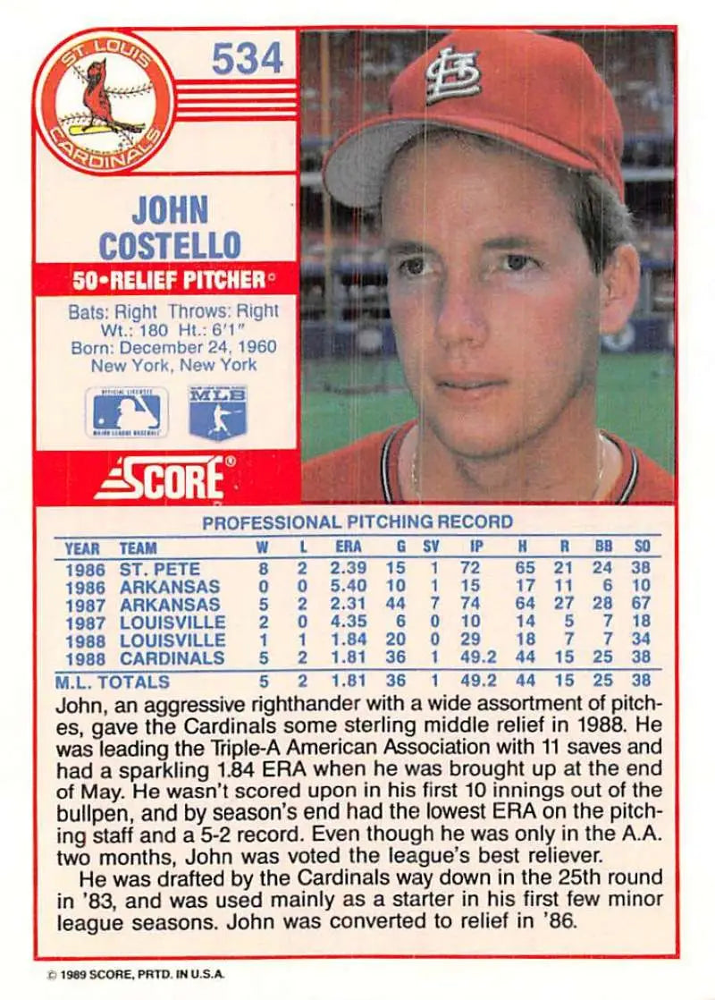 1989 Score #534 John Costello NM-MT St. Louis Cardinals Baseball Card - Baseball Card Single