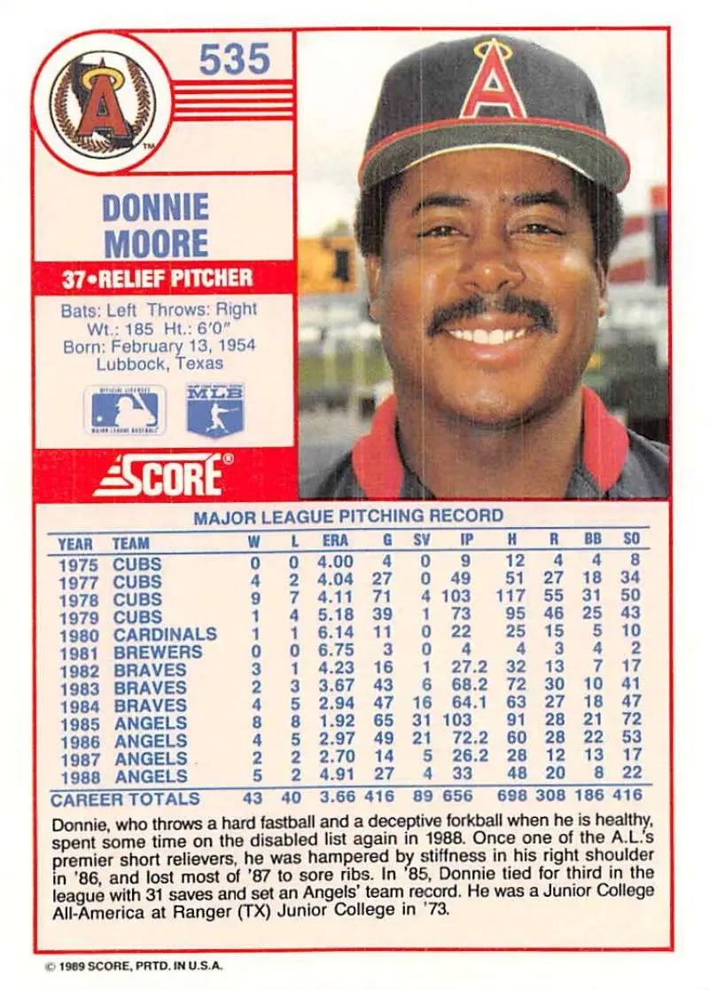 1989 Score #535 Donnie Moore NM-MT California Angels Baseball Card - Baseball Card Single