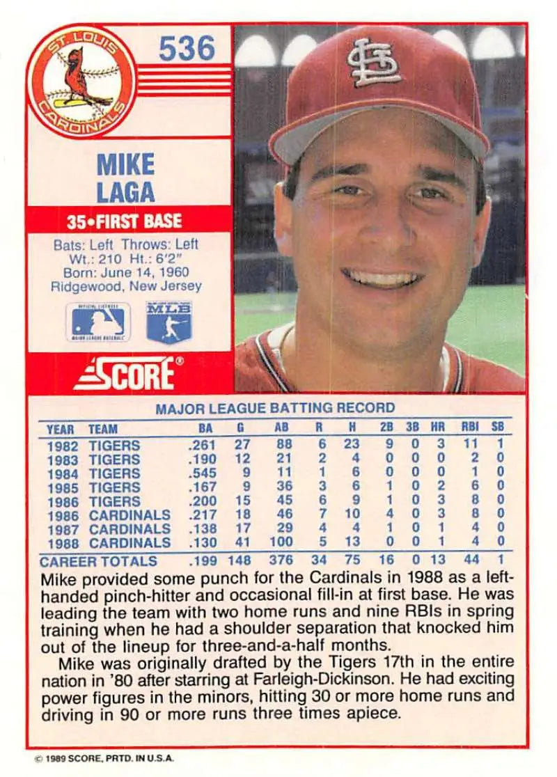 1989 Score #536 Mike Laga NM-MT St. Louis Cardinals Baseball Card - Baseball Card Single