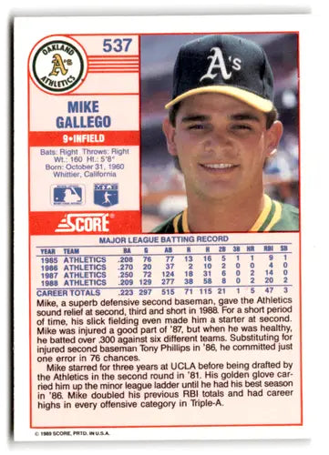 1989 Score #537 Mike Gallego EX/NM Athletics ID:66780 - Baseball Card Single