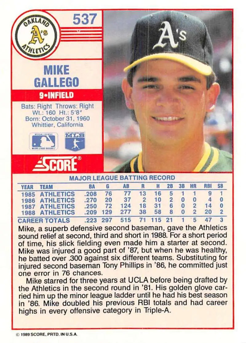 1989 Score #537 Mike Gallego NM-MT Oakland Athletics Baseball Card - Baseball Card Single