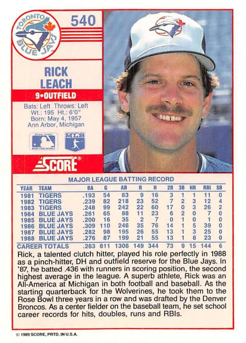 1989 Score #540 Rick Leach NM-MT Toronto Blue Jays Baseball Card - Baseball Card Single
